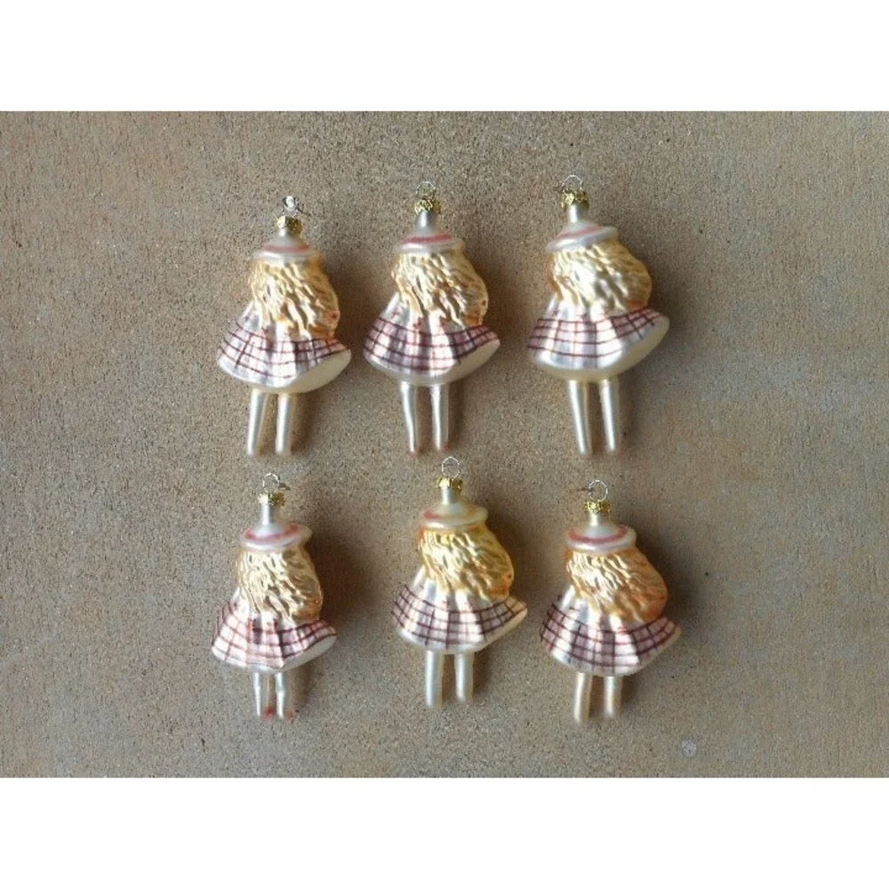 6 Glass Girls in Plaid Dresses Ornaments